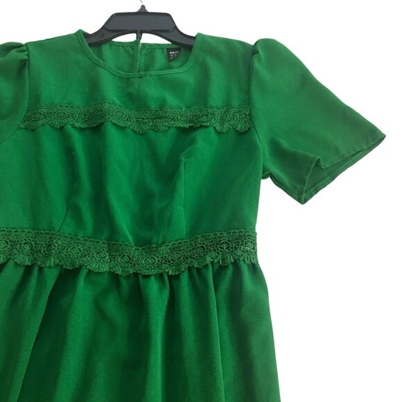 Women's Puff Sleeve Midi Dress Green Lace Insert Ruffle Hem Sz Medium 6 - Picture 9 of 16